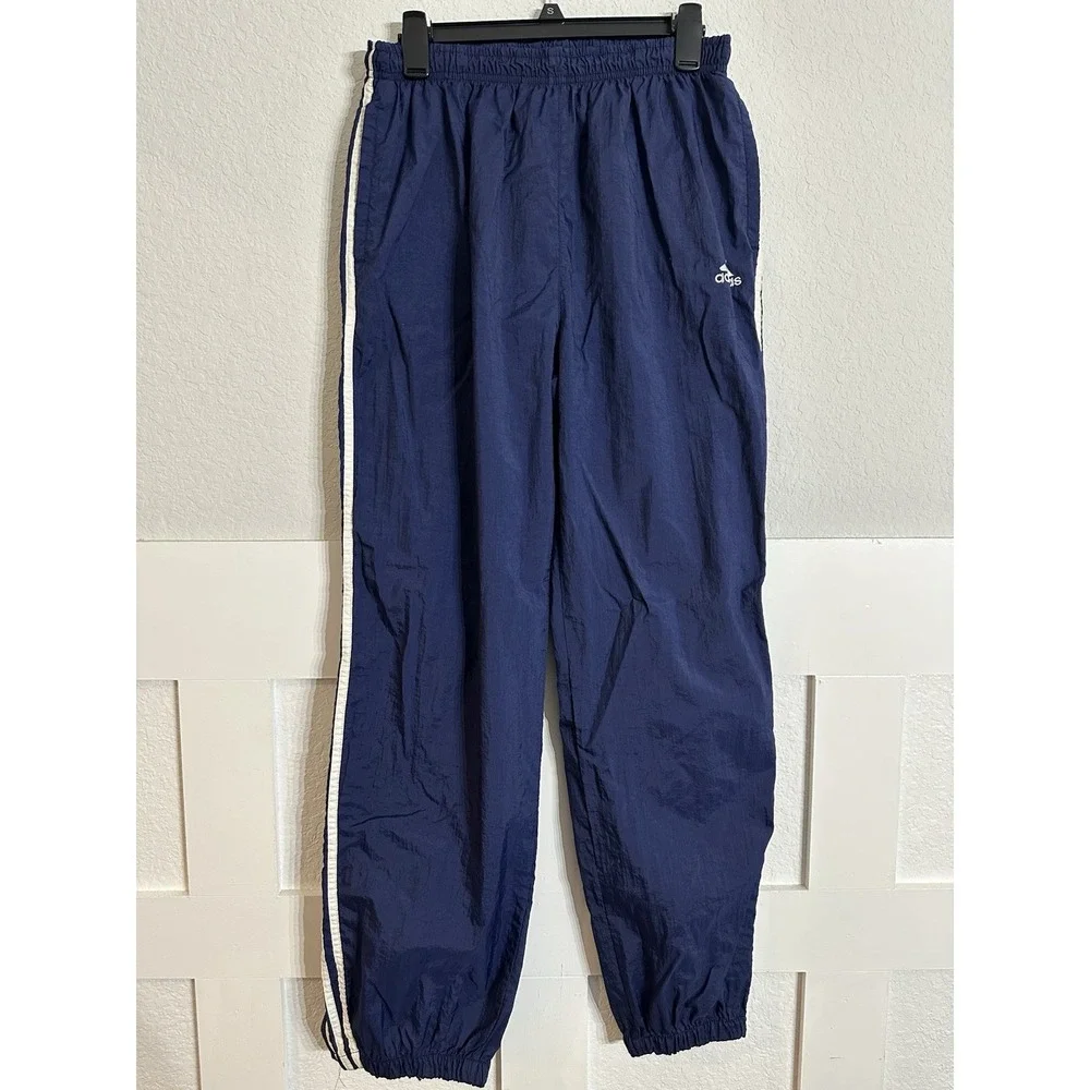 Vtg Y2K Adidas 3 Stripe Track Pants Mens M Baggy Fit Windbreaker Zip Ankle Navy